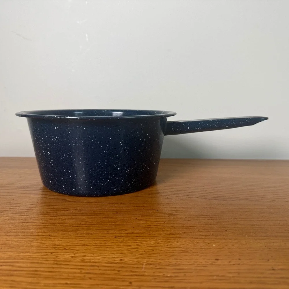 Vintage Blue‎ Speckled Enamelware Saucepan Graniteware Pot with Handle